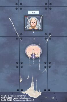 1girl absurdres after_vaginal aftersex anus ass barefoot boku_no_hero_academia censored cum cum_in_pussy cum_on_ass cum_on_body cum_on_feet cum_on_lower_body eri_(boku_no_hero_academia) feet felipe_godoy female_focus from_behind glory_wall highres horns loli long_hair nude patreon_username public_use pussy red_eyes smile soles solo through_wall toes