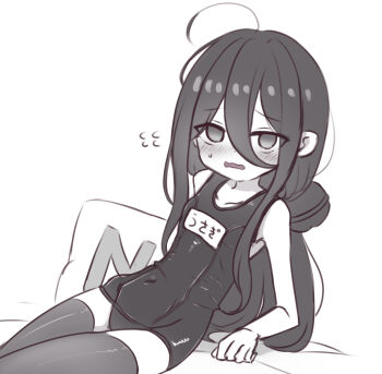 1girl ahoge blush chabatake_yunomi chuugoku_usagi commentary_request covered_navel embarrassed flat_chest greyscale hair_between_eyes highres long_hair looking_at_viewer monochrome one-piece_swimsuit school_swimsuit sketch solo swimsuit thighhighs voicevox yes-no_pillow