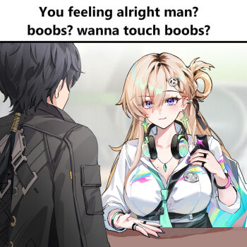 1boy 1girl aqua_necktie black_hair black_jacket black_nails blonde_hair boobs?_wanna_touch_boobs?_(meme) breasts closed_mouth commentary earrings english_commentary fingernails foxyreine hair_between_eyes hair_ornament headphones headphones_around_neck highres jacket jewelry large_breasts lynae_(wuthering_waves) male_rover_(wuthering_waves) meme nail_polish necklace necktie purple_eyes rover_(wuthering_waves) skull_hair_ornament smile star_(symbol) star_earrings wuthering_waves