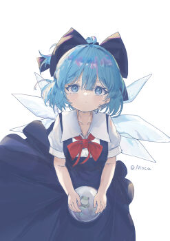 1girl absurdres ahoge black_bow black_dress blue_eyes blue_hair bow bowtie cirno collarbone collared_shirt commentary dress fairy frog hair_bow highres ice ice_wings iceball looking_at_viewer moca_3139 multiple_wings pinafore_dress red_bow red_bowtie shirt short_hair short_sleeves simple_background sleeveless sleeveless_dress solo symbol-only_commentary touhou twitter_username white_background white_shirt wings