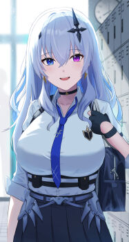 Rule 34 | + +, absurdres, armored skirt, bag, black choker, black gloves, blue necktie, blush, breasts, chest harness, choker, clock, cross, cross-shaped pupils, cross hair ornament, earrings, fingerless gloves, gloves, grey hair, hair ornament, harness, heterochromia, highres, inverted cross, jewelry, kukro, large breasts, locker, long hair, necktie, neo-porte, open mouth, pleated skirt, school, school bag, shirt, skirt, sleeves rolled up, smile, symbol-shaped pupils, tented shirt, tentei forte, tentei forte (2nd costume), triangle earrings, virtual youtuber, white shirt