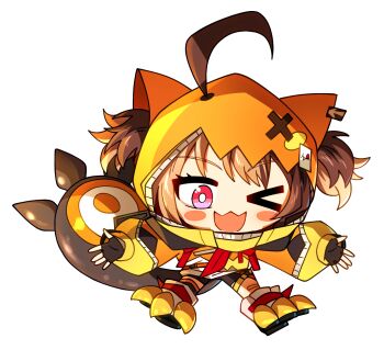 &gt;_o 1girl ahoge black_gloves blonde_hair blush blush_stickers bright_pupils brown_hair chibi chibi_only commentary_request ddolbang eyelashes fingerless_gloves full_body gigi_murin gigi_murin_(1st_costume) gloves highres hololive hololive_english hood hood_up korean_commentary long_sleeves multicolored_hair one_eye_closed open_mouth outstretched_arms pink_eyes short_twintails smile solo spread_arms tail transparent_background twintails two-tone_hair virtual_youtuber white_pupils