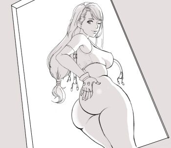 Rule 34 | ass, bottomless, breasts, butt crack, cleft of venus, crop top, doorway, final fantasy, final fantasy vii, fingerless gloves, gloves, gluteal fold, hand on own ass, large breasts, long hair, looking at viewer, looking back, low-tied long hair, monochrome, one eye closed, sunbeam (artist), suspenders, tank top, tifa lockhart, wink