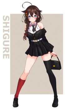 1girl absurdres ahoge asymmetrical_legwear bag belt black_necktie black_shoes black_skirt black_thighhighs blue_eyes blush border braid breasts brown_hair character_name commentary_request detached_sleeves full_body grey_background hair_between_eyes hair_flaps hair_ornament hair_over_shoulder highres holding holding_bag kantai_collection long_hair looking_at_viewer necktie nitamako_(sakamalh) official_alternate_costume shigure_(kancolle) shigure_(yokosuka)_(kancolle) shigure_kai_san_(kancolle) shoes simple_background single_braid single_thighhigh skirt smile solo thighhighs thighs white_belt white_border