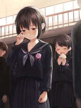 2boys 3girls black_hair black_sailor_collar black_serafuku black_shirt black_skirt bob_cut brooch closed_eyes crying flower flower_brooch graduation handkerchief holding holding_handkerchief jewelry light_blush long_sleeves looking_down low_twintails multiple_boys multiple_girls naname_(danbooru_maker) neckerchief open_mouth original pink_flower pleated_skirt sailor_collar school_uniform serafuku shirt skirt standing twintails