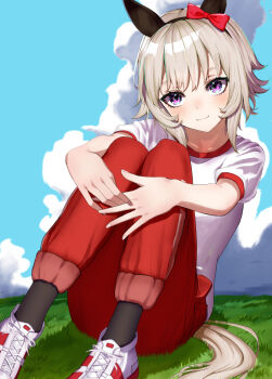 1girl animal_ears black_hairband black_socks blush bow closed_mouth commentary_request curren_chan_(umamusume) ear_bow ear_covers garaudon grey_hair hairband horse_ears horse_girl horse_tail pants purple_eyes red_bow red_pants shirt shoes short_hair short_sleeves smile socks solo t-shirt tail tracen_training_uniform umamusume white_shirt white_shoes