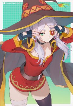 bandaged_leg bandages cape dress eyepatch fingerless_gloves frieren gloves green_eyes hat megumin megumin_(cosplay) red_dress setsumanga white_hair witch_hat
