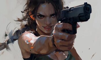 1girl braid braided_ponytail breasts brown_eyes brown_hair cleavage grey_background grin gun holding holding_gun holding_weapon jade_law lara_croft smile solo tank_top tomb_raider upper_body weapon