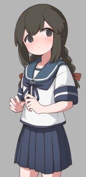 Rule 34 | 1girl, aki inu, black eyes, black hair, blue neckerchief, blue sailor collar, blue skirt, braid, commentary request, cowboy shot, grey background, isonami (kancolle), kantai collection, low twin braids, low twintails, neckerchief, pleated skirt, sailor collar, short sleeves, sideways glance, simple background, skirt, solo, twin braids, twintails
