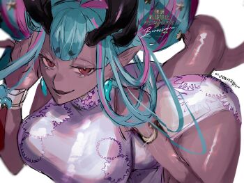 1girl bare_shoulders blue_hair breasts china_dress chinese_clothes colored_skin dress earrings fate/grand_order fate_(series) grey_skin highres horns ibuki_douji_(celebratory_attire)_(fate) ibuki_douji_(fate) ibuki_douji_(swimsuit_berserker)_(fate) jewelry large_breasts looking_at_viewer multicolored_hair official_alternate_costume open_mouth ou_syoku7 pink_hair pointy_ears red_eyes smile solo tail two-tone_hair watermark