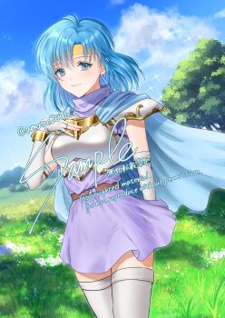 Rule 34 | 1girl, amase204o o, armor, blue cape, blue eyes, boobplate, breastplate, cape, closed mouth, commentary request, commission, dress, grass, headband, highres, on ground, outdoors, pauldrons, purple dress, sample watermark, sasha (tear ring saga), shoulder armor, skeb commission, smile, solo, sparkle, standing, tear ring saga, tear ring saga: yutona eiyuu senki, thighhighs, watermark, white thighhighs, yellow headband
