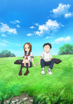 Rule 34 | 1boy, 1girl, absurdres, blue skirt, blue sky, brown eyes, brown footwear, brown hair, closed mouth, cloud, cloudy sky, day, forehead, grass, grey footwear, highres, hill, karakai jouzu no takagi-san, key visual, loafers, long hair, neckerchief, nishikata, official art, outdoors, parted bangs, pleated skirt, promotional art, red neckerchief, sailor collar, school uniform, serafuku, shirt, shoes, sitting, skirt, sky, smile, sneakers, takagi-san, tree, white shirt