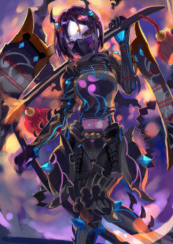 1girl absurdres armor black_armor black_eyes black_scarf bodysuit breasts dou fate/grand_order fate/samurai_remnant fate_(series) grey_bodysuit hair_ornament highres japanese_armor katana kote looking_at_viewer mask medium_breasts minamoto_no_raikou_(fate) mouth_mask neon_trim ninja parted_bangs purple_hair scarf short_hair shoulder_armor sode solo suneate sword thighs ushi_gozen_(avenger)_(fate) ushi_gozen_(avenger)_(second_ascension)_(fate) ushi_gozen_(fate) ushi_gozen_(fate/samurai_remnant) weapon yuu_(pixiv769259)