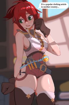 1girl absurdres atelier_(series) atelier_ryza belt blush breasts brown_gloves cosplay gloves green_eyes twirling_hair high_collar highres looking_away medium_breasts panties pea_(poopingirl) potion potionomics red_hair reisalin_stout short_shorts shorts side-tie_panties sideboob skindentation sylvia_(potionomics) thighs tight_clothes underwear