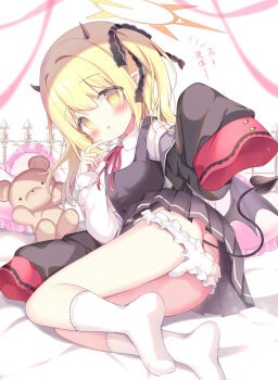 1girl ass azumi_kazuki bed_sheet black_bow black_dress black_jacket black_wings blonde_hair bloomers bloomers_pull blue_archive blush bow breasts collared_shirt commentary_request demon_girl demon_horns demon_tail demon_wings dress frilled_pillow frills hair_bow halo heart heart-shaped_pillow highres horns ibuki_(blue_archive) jacket loli long_sleeves neck_ribbon no_shoes off_shoulder open_clothes open_jacket pillow pinafore_dress pleated_dress red_ribbon ribbon shirt sleeveless sleeveless_dress sleeves_past_fingers sleeves_past_wrists small_breasts socks soles solo stuffed_animal stuffed_toy tail teddy_bear translation_request twintails twisted_torso underwear white_background white_bloomers white_shirt white_socks wings