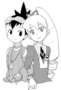 Rule 34 | 1boy, 1girl, bad id, bow, drill hair, eyewear on head, geo stelar (mega man), greyscale, hair bow, heriyama, jewelry, locked arms, luna platz (mega man), mega man (series), mega man star force (series), monochrome, necklace, simple background, smile, twin drills, white background