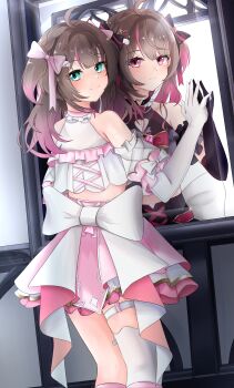 Rule 34 | 1girl, absurdres, black dress, black gloves, blue eyes, blush, bow, brown hair, closed mouth, dress, elbow gloves, gloves, hair bow, hair ornament, heart, heart hair ornament, highres, hololive, looking at viewer, medium hair, multicolored hair, natsuiro matsuri, natsuiro matsuri (magical girl), official alternate costume, official alternate eye color, pink bow, pink hair, red eyes, reflection, smile, solo, st-147, streaked hair, thigh strap, thighhighs, two side up, virtual youtuber, white bow, white dress, white gloves, white thighhighs