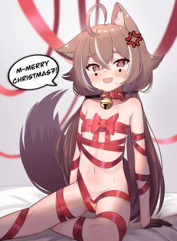 1girl @_@ anger_vein animal_ears artist_self-insert black_gloves brown_hair cat_ears cat_girl cat_tail collar embarrassed english_text fang flat_chest gloves half_gloves highres indie_virtual_youtuber long_hair looking_at_viewer mocha-tan mocha-tan_(character) multicolored_hair multiple_moles naked_ribbon nervous_smile nervous_sweating red_collar red_eyes red_ribbon ribbon sitting skin_fang smile streaked_hair sweat tail two-tone_hair virtual_youtuber white_hair