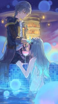 1boy 1girl black_bow black_jacket bow butterfly_hair_ornament butterfly_wings caelus_(honkai:_star_rail) closed_mouth commentary cup drinking_glass english_commentary firefly_(honkai:_star_rail) green_wings grey_hair hair_ornament hand_on_another's_head hashtag-only_commentary highres honkai:_star_rail honkai_(series) insect_wings jacket long_hair mermaid monster_girl moririmuli multicolored_hair ocean open_clothes open_jacket shirt short_hair teeth trailblazer_(honkai:_star_rail) white_shirt wine_glass wings yellow_eyes