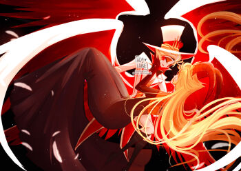 1boy 1girl adylaineart blonde_hair blush_stickers commentary couple demon_boy demon_girl english_commentary english_text hair_slicked_back hazbin_hotel hellaverse hetero husband_and_wife lilith_(hazbin_hotel) looking_at_another lucifer_morningstar_(hazbin_hotel)