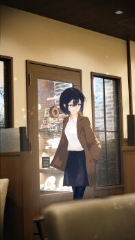 Rule 34 | 1girl, absurdres, ahoge, alternate costume, black hair, black pantyhose, black skirt, blue streaks, blurry, blurry foreground, bob cut, brown coat, closed mouth, coat, cohi27151463, collared shirt, commentary, double-parted bangs, hair between eyes, hands in pockets, highres, indie virtual youtuber, indoors, jewelry, lapels, necklace, notched lapels, pantyhose, shirt, shirt tucked in, short hair, skirt, smile, solo, virtual youtuber, white shirt, yubari rei
