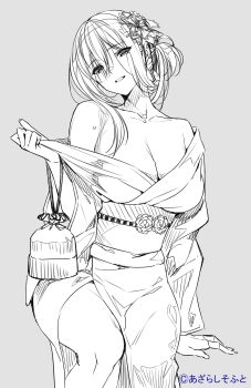 1girl amakano_2 bare_shoulders breasts cleavage collarbone copyright_notice grey_background greyscale hair_ornament hair_up head_tilt highres himiyama_rei japanese_clothes kanzashi kimono large_breasts looking_at_viewer monochrome obi off_shoulder piromizu sash simple_background sitting smile solo wide_sleeves