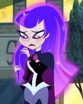 dc_comics dc_super_hero_girls hand_in_own_hair holding holding_own_hair playing_with_own_hair purple_eyes purple_hair sad stroking_hair zatanna_zatara