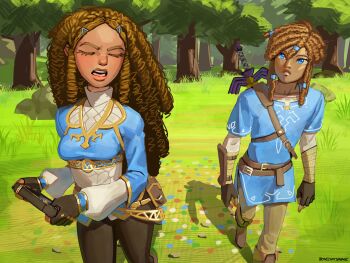 1boy 1girl absurdres alternate_hair_length alternate_hairstyle alternate_skin_color bag black_gloves blonde_hair blue_eyes blue_shirt blue_tunic braid brown_hair brown_pants champion's_tunic_(zelda) closed_eyes commentary crown_braid dark-skinned_female dark-skinned_male dark_skin darkened_skin dreadlocks english_commentary expressionless feet_out_of_frame fingerless_gloves full_body gloves grass hair_ornament hairclip highres ironicnotsavage kinky_hair link long_hair master_sword nintendo open_mouth outdoors pants parted_bangs pointy_ears princess_zelda satchel sheikah_slate shirt sword sword_on_back teeth the_legend_of_zelda the_legend_of_zelda:_breath_of_the_wild tree tunic upper_teeth_only v-shaped_eyebrows very_dark_skin walking weapon weapon_on_back