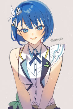 Rule 34 | 1girl, asymmetrical sleeves, bare arms, blue eyes, blue hair, blush, bob cut, breasts, buttons, clover hair ornament, collared shirt, commentary, feather hair ornament, feathers, grey background, hair ornament, hair ribbon, hatori naco, highres, idol, idol clothes, kiritani haruka, lapels, light particles, looking at viewer, medium breasts, notched lapels, open clothes, open mouth, open vest, project sekai, ribbon, shirt, short hair, simple background, single sidelock, sleeveless, sleeveless shirt, smile, solo, striped ribbon, symbol-only commentary, tsurime, twitter username, upper body, vest, white shirt, white vest