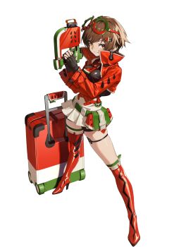 1girl absurdres asymmetrical_footwear black_gloves boots brown_hair chinese_commentary commentary_request cropped_jacket eyewear_on_head fingerless_gloves food-themed_clothes full_body gloves grin gun hair_ornament highres holding holding_gun holding_weapon jacket looking_at_viewer microskirt mismatched_footwear open_clothes open_jacket qianqiu_(xinyue_tongxing) red_boots red_eyes rolling_suitcase short_hair shuicha_bu_shi_zha simple_background skirt smile solo standing suitcase thigh_boots weapon white_background white_skirt xinyue_tongxing yellow_eyes