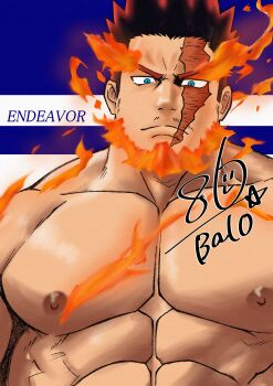 Rule 34 | 1boy, abs, absurdres, balo dqx ff14, bara, bare pectorals, blue eyes, boku no hero academia, character name, closed mouth, collarbone, commentary request, endeavor (boku no hero academia), english text, fiery hair, fire, highres, looking at viewer, male focus, muscular, muscular male, nipples, pectorals, red hair, scar, scar across eye, scar on face, signature, topless male