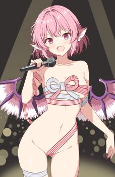 1girl alternate_costume animal_ear_piercing animal_ears bird_ears blush breasts collarbone commentary_request commission earrings highres holding holding_microphone hoop_earrings jewelry looking_at_viewer medium_breasts medium_hair microphone music mystia_lorelei naked_ribbon navel no_headwear open_mouth pink_eyes pink_hair red_ribbon ribbon rise_(rise19851203) second-party_source singing single_earring skeb_commission smile solo sweat touhou variant_set white_ribbon wings