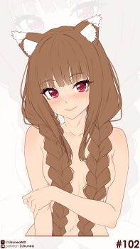 1girl absurdres animal_ear_fluff animal_ears blush braid brown_hair closed_mouth collarbone completely_nude fang highres holo likunea long_hair looking_at_viewer navel nude red_eyes smile solo spice_and_wolf twin_braids wolf_ears wolf_girl zoom_layer