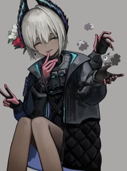 1girl ^_^ absurdres arknights black_gloves black_jacket closed_eyes commentary dark-skinned_female dark_skin extra_arms facing_viewer feet_out_of_frame gloves grey_background grey_hair hand_to_own_mouth highres invisible_chair jacket long_sleeves open_clothes open_jacket pink_gloves raidian_(arknights) short_hair simple_background sitting smile solo v yoon_cook