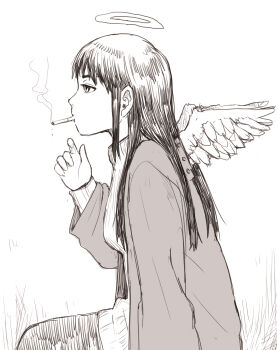 1girl absurdres cardigan cigarette coat commentary_request haibane_renmei halo hand_up highres long_hair monochrome mouth_hold naotan profile reki_(haibane_renmei) sitting smoking solo white_background wings