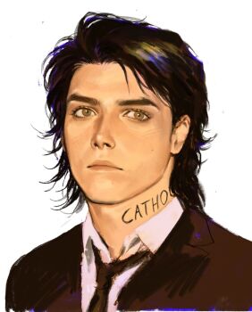 1boy black_hair black_jacket black_necktie blazer closed_mouth collared_shirt forked_eyebrows gerard_way green_eyes highres jacket kunnuscumnus looking_to_the_side mullet my_chemical_romance neck_tattoo necktie portrait real_life realistic shirt side_part simple_background tattoo unfinished white_background white_shirt