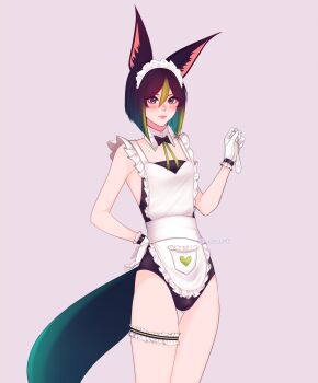 Rule 34 | 1boy, absurdres, alternate costume, androgynous, animal ear fluff, animal ears, apron, black hair, bob cut, commentary, english commentary, fox boy, fox ears, fox tail, frilled apron, frilled thigh strap, frills, genshin impact, gloves, green eyes, green hair, grey background, hair between eyes, highres, inverted bob, maid headdress, male focus, mewmewti, multicolored hair, short hair, simple background, solo, streaked hair, tail, thigh gap, thigh strap, tighnari (genshin impact), white gloves