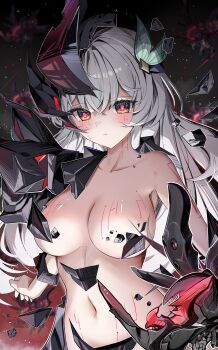 1girl absurdres alternate_color alternate_eye_color armor black_armor black_eyes breasts brown_eyes collarbone commentary_request convenient_censoring dark_persona firefly_(honkai:_star_rail) grey_hair hair_between_eyes hair_ornament highres honkai:_star_rail honkai_(series) large_breasts long_hair looking_at_viewer multicolored_eyes navel parted_lips power_armor red_pupils solo star_(sky) starry_sky_background two-tone_eyes upper_body very_long_hair yeni1871