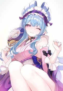 Rule 34 | 1girl, absurdres, bare legs, black bow, blue hair, blush, bow, breasts, closed mouth, commentary request, frilled hairband, frills, genshin impact, hair between eyes, hairband, hand fan, highres, holding, holding fan, japanese clothes, kimono, long hair, looking at viewer, medium breasts, okkobc, one eye closed, pink eyes, pink kimono, pink sleeves, pointy ears, purple bow, purple nails, purple ribbon, ribbon, smile, solo, very long hair, yumemizuki mizuki