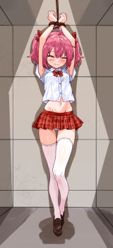1girl ahoge armpits arms_up bakasp-lilzy bdsm blush bondage bound bound_wrists bow brown_shoes character_request closed_eyes closed_mouth collared_shirt commentary commission copyright_request crop_top cropped_shirt double-parted_bangs english_commentary full_body groin hair_bow highres indoors large_variant_set loafers medium_hair microskirt midriff navel panties pink_hair pixiv_commission plaid_clothes plaid_skirt pleated_skirt raised_inner_eyebrows red_bow red_skirt rope school_uniform shirt shoes short_sleeves skirt solo standing thighhighs twintails underwear variant_set white_panties white_shirt white_thighhighs wing_collar zettai_ryouiki
