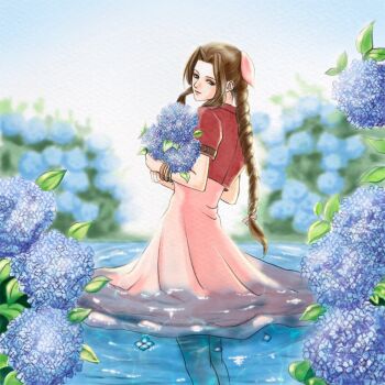1girl aerith_gainsborough bangle blue_flower blurry blurry_background bouquet bracelet braid braided_ponytail brown_hair commentary_request cropped_jacket dress final_fantasy final_fantasy_vii final_fantasy_vii_remake flower hair_ribbon holding holding_bouquet jacket jewelry korean_commentary long_dress long_hair parted_bangs partially_submerged pink_dress pink_ribbon red_jacket ribbon short_sleeves sidelocks single_braid solo ws_alte