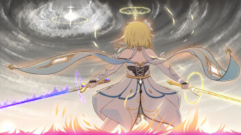 1girl absurdres blonde_hair chinese_commentary commentary_request detached_sleeves dress dual_wielding flower from_behind genshin_impact hair_flower hair_ornament halo highres holding holding_sword holding_weapon lumine_(genshin_impact) mxirony scarf short_hair short_hair_with_long_locks solo sword weapon white_dress white_scarf