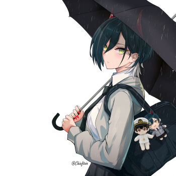 Rule 34 | 1girl, absurdres, artist name, azur lane, bag, bag charm, black hair, black necktie, black skirt, blush, border, breasts, character doll, charm (object), chieftain art13, collared shirt, commander (azur lane), commentary, doll, ear piercing, english commentary, grey jacket, hair between eyes, highres, holding, holding umbrella, hood, hood down, hooded jacket, horns, jacket, long sleeves, looking at viewer, mechanical horns, medium breasts, mixed-language commentary, multicolored hair, necktie, official alternate costume, open clothes, open jacket, parted lips, piercing, pleated skirt, rain, red horns, red nails, school bag, school uniform, shirt, short hair, sidelocks, simple background, skirt, slit pupils, solo, standing, two-tone hair, ulrich von hutten (azur lane), ulrich von hutten (what comes after the bell) (azur lane), umbrella, white background, white border, white hair, white shirt, yellow eyes