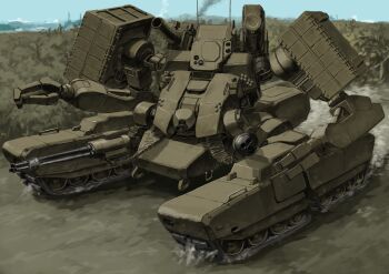 cannon caterpillar_tracks gun highres mecha mecha_focus missile_pod no_humans original outdoors robot science_fiction shoulder_cannon solo tyokugekidato weapon