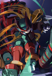 Rule 34 | 1boy, armor, attack, battle, black eyes, clenched hand, energy sword, forehead jewel, highres, holding, holding sword, holding weapon, hyleg ourobockle (mega man), mega man (series), mega man zero (series), mega man zero 2, non-humanoid robot, omochi (mochi skymega), red armor, red helmet, robot, robot animal, sword, weapon, z saber, zero(z) (mega man), zero (mega man)