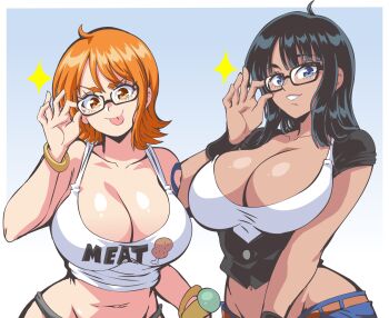 >:) 2girls :p adjusting_eyewear ahoge arm_at_side arm_tattoo bare_shoulders bespectacled black-framed_eyewear black_hair blue_eyes breasts cleavage commentary cooler glasses hand_on_eyewear hand_up head_tilt highres large_breasts lewdamone looking_at_viewer medium_hair midriff multiple_girls nami_(one_piece) navel nico_robin official_alternate_costume one_piece orange_eyes orange_hair parted_bangs parted_lips plunging_neckline semi-rimless_eyewear short_sleeves smile stomach symbol-only_commentary tan tank_top tattoo tongue tongue_out under-rim_eyewear upper_body v-shaped_eyebrows vest