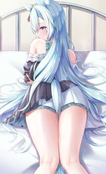 1girl animal_ears bare_shoulders black_dress black_gloves blue_hair blush braid crown_braid dress frills from_behind gloves highres horse_ears horse_girl horse_tail long_hair looking_at_viewer looking_back lying mejiro_ardan_(clinochlore_line)_(umamusume) mejiro_ardan_(umamusume) nazimi_(sickly7) off-shoulder_dress off_shoulder on_stomach purple_eyes solo tail umamusume