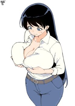 1girl arato_nagi artist_name belt black_hair blue_eyes blue_pants breast_conscious breast_lift breasts cleavage collared_shirt cowboy_shot denim from_above highres huge_breasts jeans large_breasts long_hair long_sleeves looking_at_breasts looking_at_self looking_down norman_maggot pants ruri_no_houseki shirt solo sweatdrop white_shirt