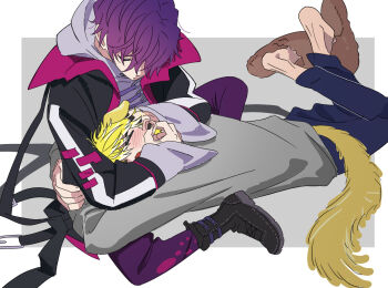 >_< 2boys animal_ears anime_coloring ankle_boots arm_around_waist belt black_belt black_boots black_jacket black_nails blonde_hair blue_pants blush boots border brown_slippers closed_eyes commentary dog_boy dog_ears dog_tail ear_blush english_commentary full_body gradient_hair grey_background grey_hoodie grey_sweater hair_between_eyes hair_over_one_eye hand_on_another's_ear hand_on_another's_head headpat hood hood_down hoodie hug indian_style jacket jacket_over_hoodie kemonomimi_mode long_sleeves loose_belt loose_hair_strand lying male_focus multicolored_hair multicolored_jacket multiple_boys nijisanji nijisanji_en npppiyo official_alternate_costume on_floor on_stomach one_eye_covered open_clothes open_jacket open_mouth outside_border pants parted_lips petting pink_jacket purple_hair purple_pants shoe_dangle short_hair sitting sleeves_past_wrists slippers sonny_brisko sonny_brisko_(3rd_costume) sweater sweatpants tail two-tone_jacket u_u uki_violeta uki_violeta_(1st_costume) virtual_youtuber white_border wide_sleeves yaoi yellow_tail