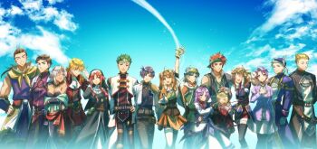 6+boys 6+girls agate_crosner alan_richard amulet anelace_elfead bandana belt bird black_hair blonde_hair blue_hair blue_sky brown_hair cloud dark-skinned_female dark_skin eagle eiyuu_densetsu estelle_bright gothic_lolita green_hair hwhh jacket josette_capua joshua_bright julia_schwarz kevin_graham kloe_rinz lolita_fashion mueller_vander multiple_boys multiple_girls nun olivert_reise_arnor orange_hair ponytail purple_hair red_hair renne_(eiyuu_densetsu) ries_argent scar scherazard_harvey short_hair skirt sky sora_no_kiseki spiked_hair stuffed_animal stuffed_rabbit stuffed_toy thighhighs tita_russell trail twintails visor_cap white_hair white_jacket zin_vathek